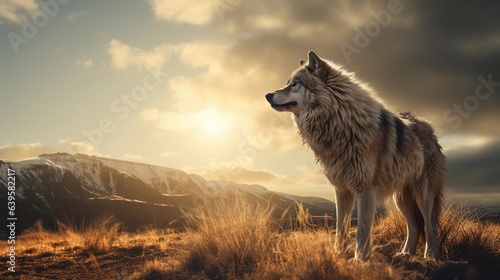 A lone wolf standing tall in an expansive wilderness, emphasizing its majestic presence, with open sky allowing for text overlay. AI generated. © Hifzhan Graphics