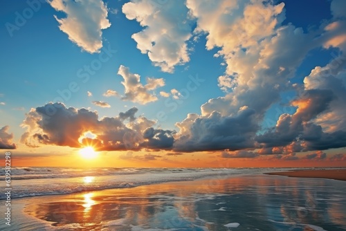 Beautiful colorful sunset over ocean or sea. Blue sky sun and clouds over water surface.