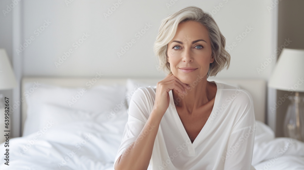 Very attractive mature women posing sitting at her bedroom looking at the camera.Attractive middle aged lady in nightdress lying on bed. Generative AI Very attractive mature women posing sitting at her bedroom looking at the camera.Attractive middle aged lady in nightdress lying on bed. Generative AI