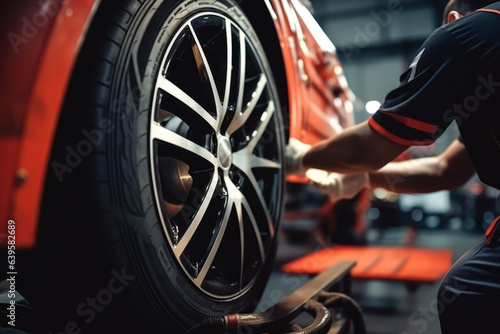 A male mechanic who changes tires in a car repair service and repairs during regular inspections. Working concept suitable for maintenance and inspection. © cwa