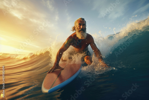 a mature man surfer in the water for sport, fitness and surfing during summer. Training, workout and exercise with a male athlete on his surfboard in the ocean. Surf. Generaive Ai © tong2530