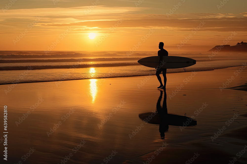 Silhouette of Surfer man on the beach at sunset. Surf. Generaive Ai