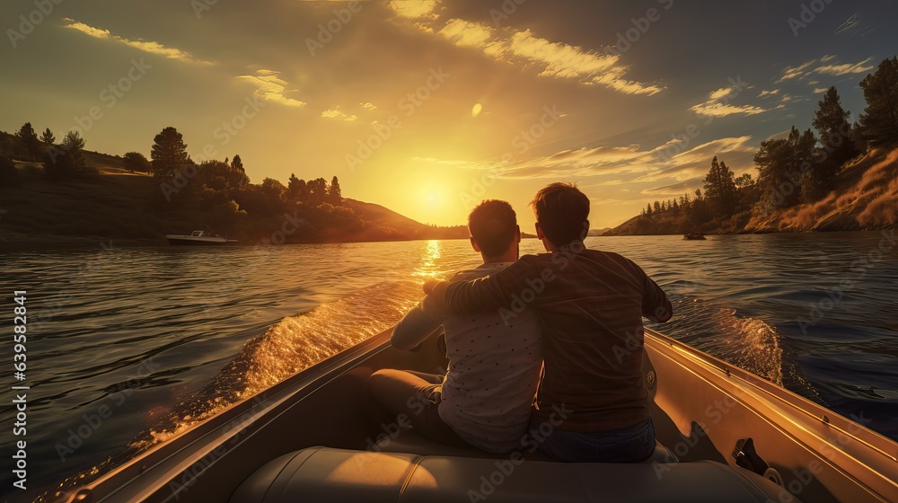Gay couple enjoying a boat ride at sunset