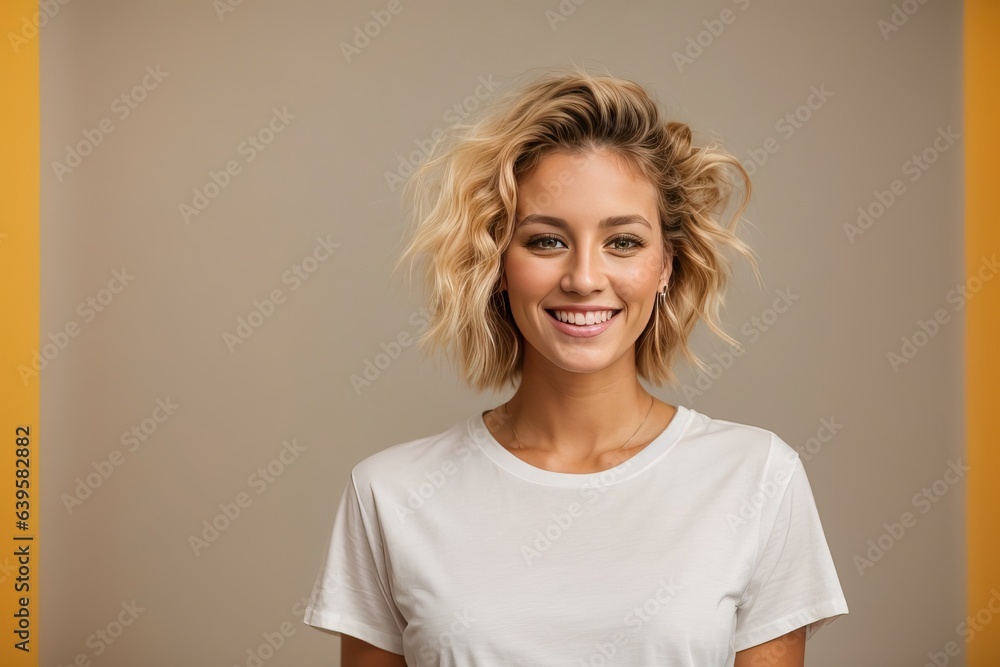 Young happy surprised caucasian smiling woman 20s wear white casual t-shirt on workspace area copy space mock up isolated on brown color background studio portrait