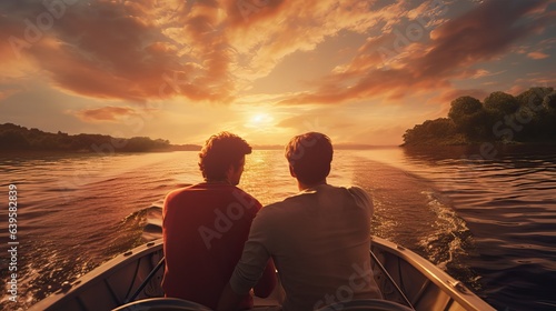 Gay couple enjoying a boat ride at sunset © Georgina Burrows