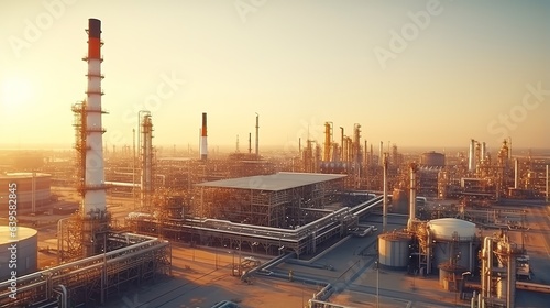 Golden Hour Refinery: An aerial view captures the sprawling expanse of a modern oil refinery bathed in the warm glow of sunrise, showcasing the intricate network of towers, pipelines.