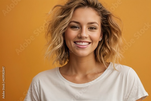 Young happy surprised caucasian smiling woman 20s wear white casual t-shirt on workspace area copy space mock up isolated on yellow orange color background studio portrait