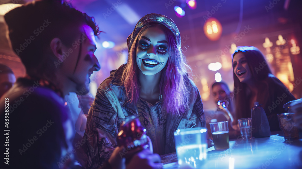 Spooky girl in scary makeup celebrating halloween at a club party, fun colors, eerie atmosphere, thematic party Spooky girl in scary makeup celebrating halloween at a club party, fun colors, eerie atmosphere, thematic party