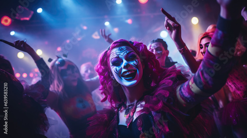 Fun girl dancing at a halloween party in a club, colorful hair, clown makeup, loud music