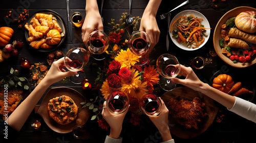 Celebrating Thanksgiving day, Flat-lay of feasting peoples hands clinking glasses. Generative Ai