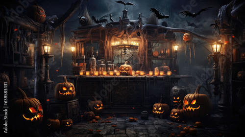 Halloween horror highly detailed illustration  Evil altar with a row of jack-o-lanterns  spooky mood  carved pumpkins