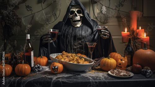 Grim reaper celebrating Halloween at a party near pumpkins and drins, death Halloween costume
