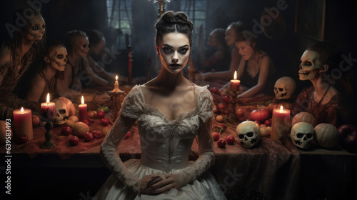 portrait of a person in a halloween costume, spooky female ghost in luxury white dress and scary makeup, party guests in the background, dark room with skulls and candles, Halloween celebration