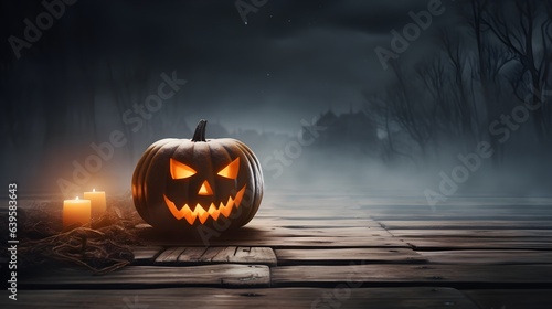 Halloween pumpkin on wooden in spooky night. Halloween background with copy space.