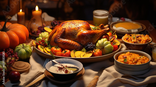Arrangement of thanksgiving day delicious dinner. Generative Ai