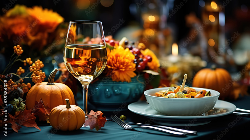 Close-up of cozy decor details of a festive autumn dining table with pumpkins. Generative Ai