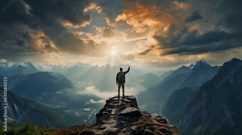 Man traveler on mountain summit enjoying nature Generative AI - obrazy, fototapety, plakaty 