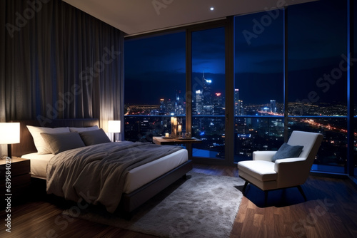 A luxury lodging facility in a group of buildings with a beautiful night view from the bedroom window of a modern and luxurious hotel. Travel concept for holidays and vacation.