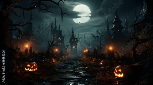 Halloween pumpkins sitting on graveyard. Halloween background.