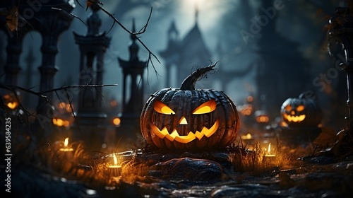 Halloween pumpkins sitting on graveyard. Halloween background.