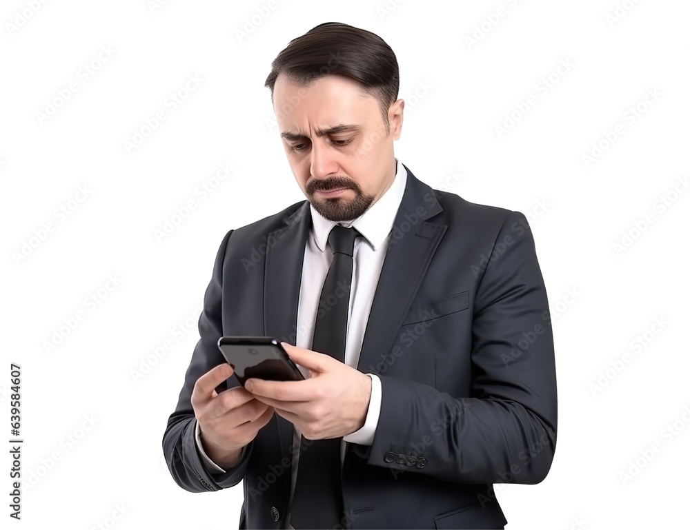 Businessman reading bad news in his smartphone, cut out Businessman reading bad news in his smartphone, cut out