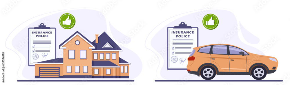 Illustration set of insurance policy, car, house and thumb up. The concept of car, home, real estate insurance. Insurance business. Flat vector illustration in blue and yellow.
