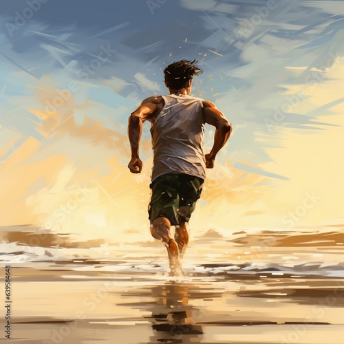 back view of man running with motion effect in beach, digital art atyle, illustration painting © Mstluna