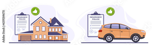 Illustration set of insurance policy, car, house and thumb up. The concept of car, home, real estate insurance. Insurance business. Flat vector illustration in blue and yellow.