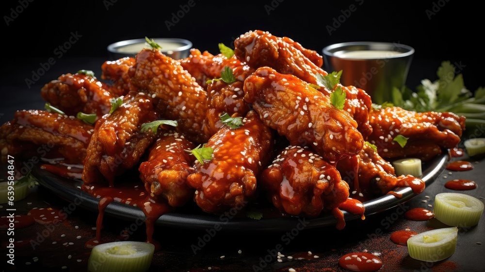 Front view Buffalo wings with melted hot sauce on a wooden table with a blurred background