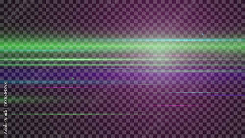 The light effect design. Vector blur in the light of radiance. Light and stripes moving fast over dark background. Element of decor. Horizontal rays of light.	