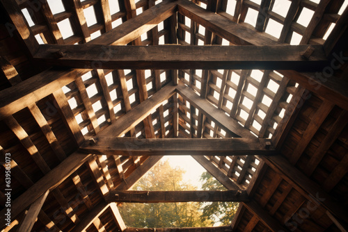 wooden roof frame against the sky