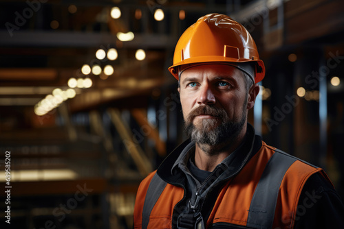 man worker in uniform and hard hat at construction site