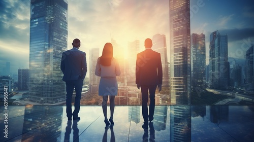 A diverse group of businesspeople in suits, standing in front of a city skyline, represent teamwork and success