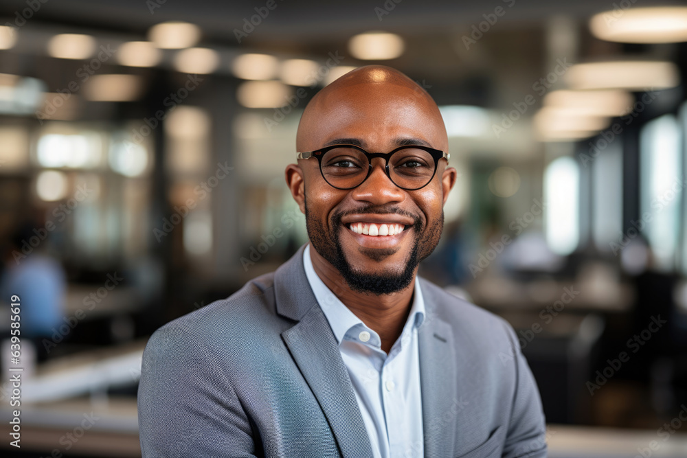 Portrait of a smiling African-American man, successful business boss in an expensive suit against the backdrop of the office Portrait of a smiling African-American man, successful business boss in an expensive suit against the backdrop of the office