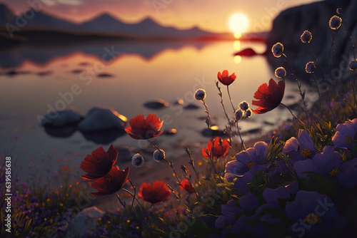 Wild flower field on beautiful sunset landscape at sea shore, illustration generative AI