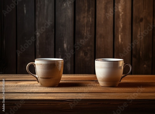 Front view cups of coffee on wooden background 