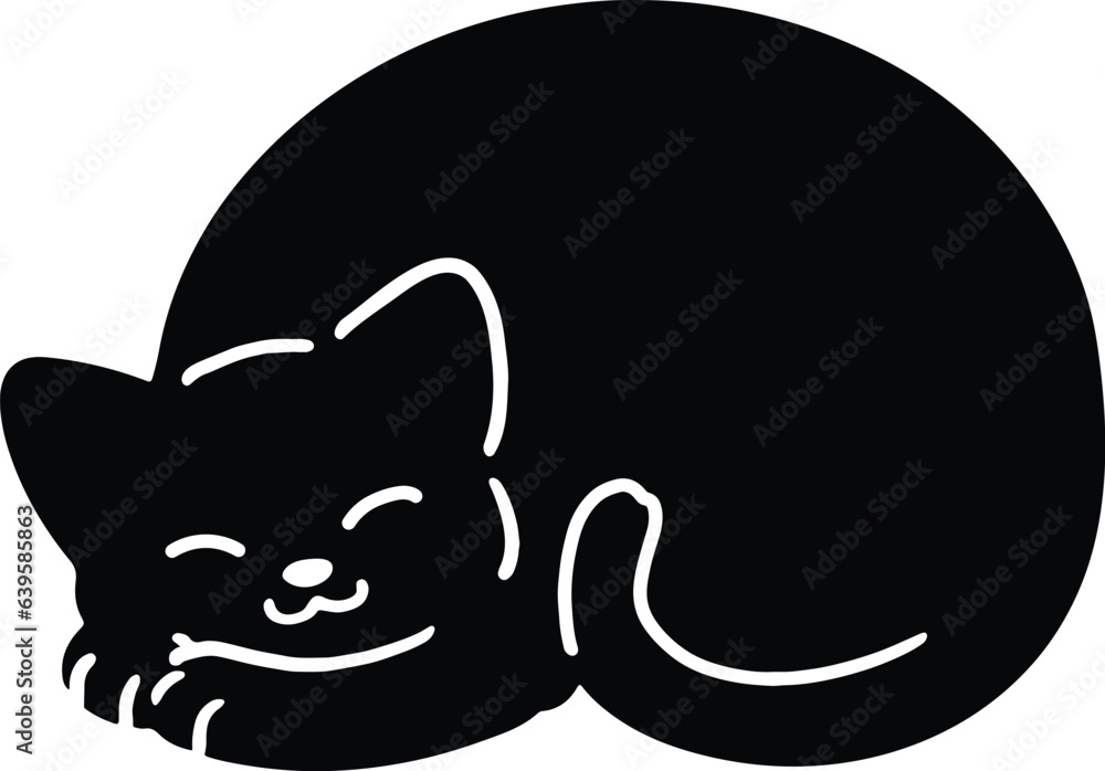 Naklejka premium Simple and adorable illustration of black cat sleeping in silhouette