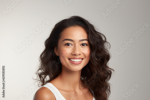 Portrait of a smiling young woman with good health glowing skin and positivity standing and looking at the camera on white background.