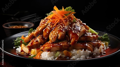 Front view white rice with teriyaki beef and cut vegetables on a plate with black and blurry background