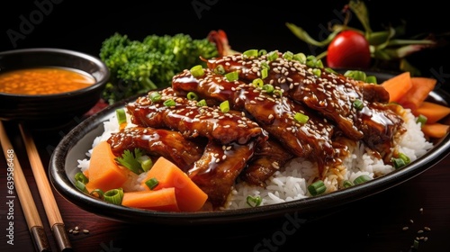 Front view white rice with teriyaki beef and cut vegetables on a plate with black and blurry background