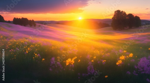 Illustration of a meadow filled with beautiful flowers against the background of the morning sun. Generalized by AI