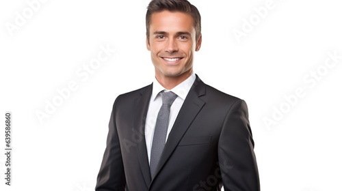 Handsome man in suit smiling isolated on white background, happy and professional entrepreneur