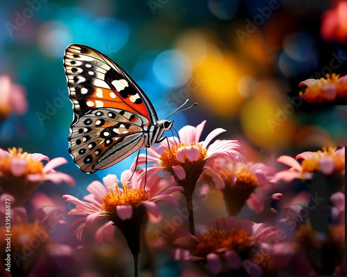 A beautiful bright butterfly sits on a flower in a meadow.