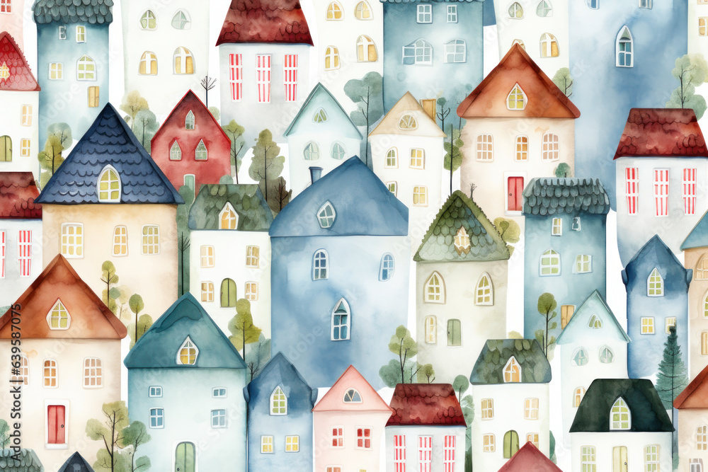 Abstract watercolor houses pattern. Ideal for fabric, wallpapers, kindergarten, postcards..