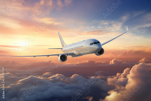 Commercial jetliner soars through sunset clouds, embodying travel's allure..