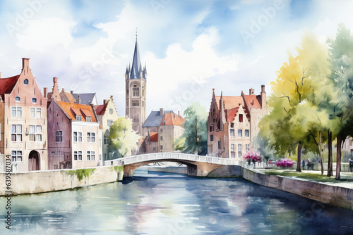 Watercolor Bruges cityscape, Belgium. Aquarelle painting of Brugge canal.
