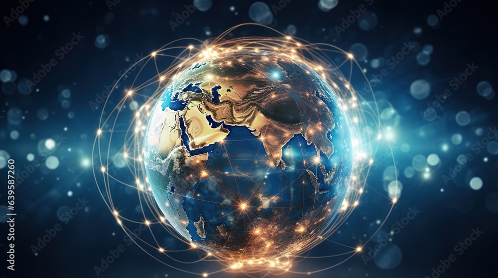 Global Interconnectivity: A glowing, futuristic depiction of the Earth, enveloped by intricate networks of glowing lines, symbolizing the interconnectedness and interdependence of our world. Global Interconnectivity: A glowing, futuristic depiction of the Earth, enveloped by intricate networks of glowing lines, symbolizing the interconnectedness and interdependence of our world.