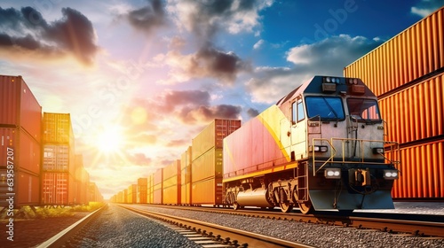 freight train with cargo containers for shipping companies. Distribution and freight transportation photo