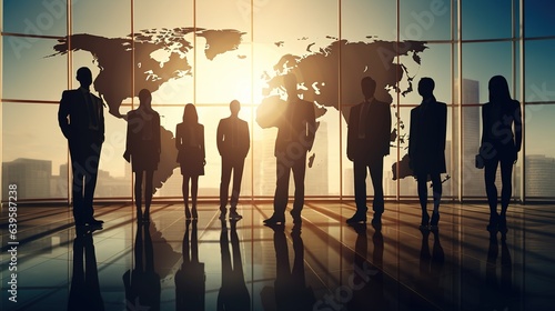 silhouette Group of business people standing on map world background photo