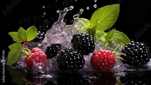 Front view fresh blackberry and redberry splashed with water on black background and blur